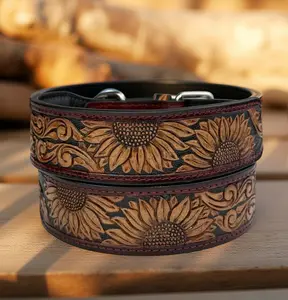 Western Genuine Leather dog collar tooled Leather Flower Dog Cat Collar, Full grain western Leather Puppy Collar