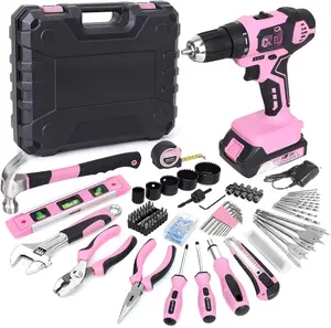 177- 20V Pink Cordless Lithium-ion Drill Driver and Home Tool Set, Lady's Home Repairing Tool Kit with Drill in Storage Case