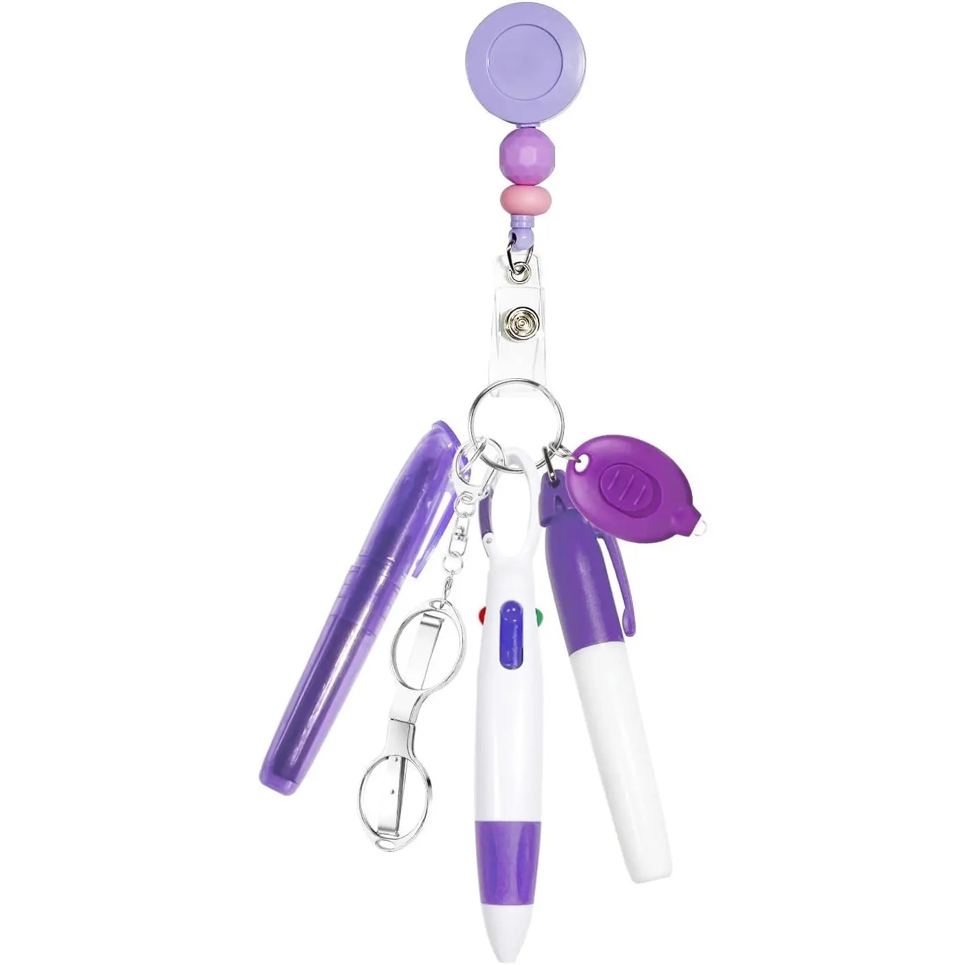 Portable Compact Synthetic Nurse Badge Accessories 6-Count Pen Pack Set - Purple, Includes Retractable Badge Reel Clip, Mini Highlighter, Permanent Marker, Ballpoint Pen, LED Flashlight, Folding Tool for Outdoor Activities