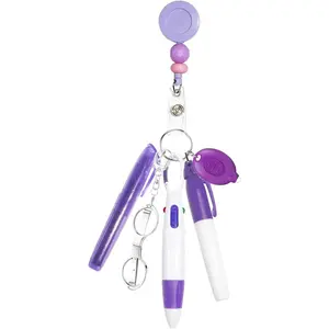 6 count Nurse Badge Accessories Nurse Pen Pack Set Including Retractable Badge Reel Clip, Mini Highlighter, Permanent Marker, Ballpoint Pen, LED  Flashlight, Folding , Purple