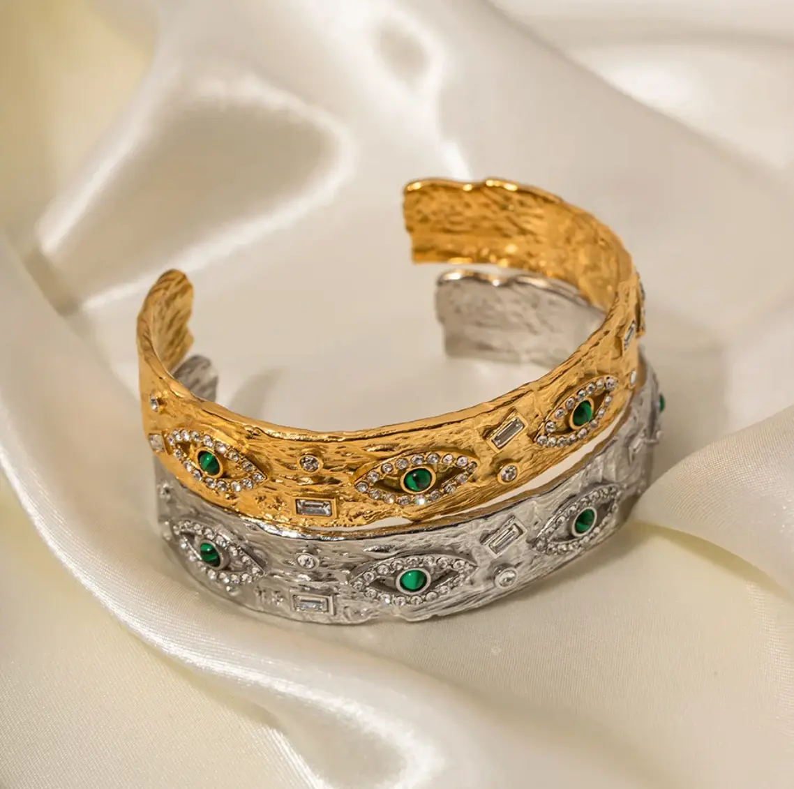 Nazar Noor Gold-Plated Cuff Bracelet with Malachite Evil Eyes & Crystals in Stainless Steel - Tarnish Resistant Fashion Jewelry