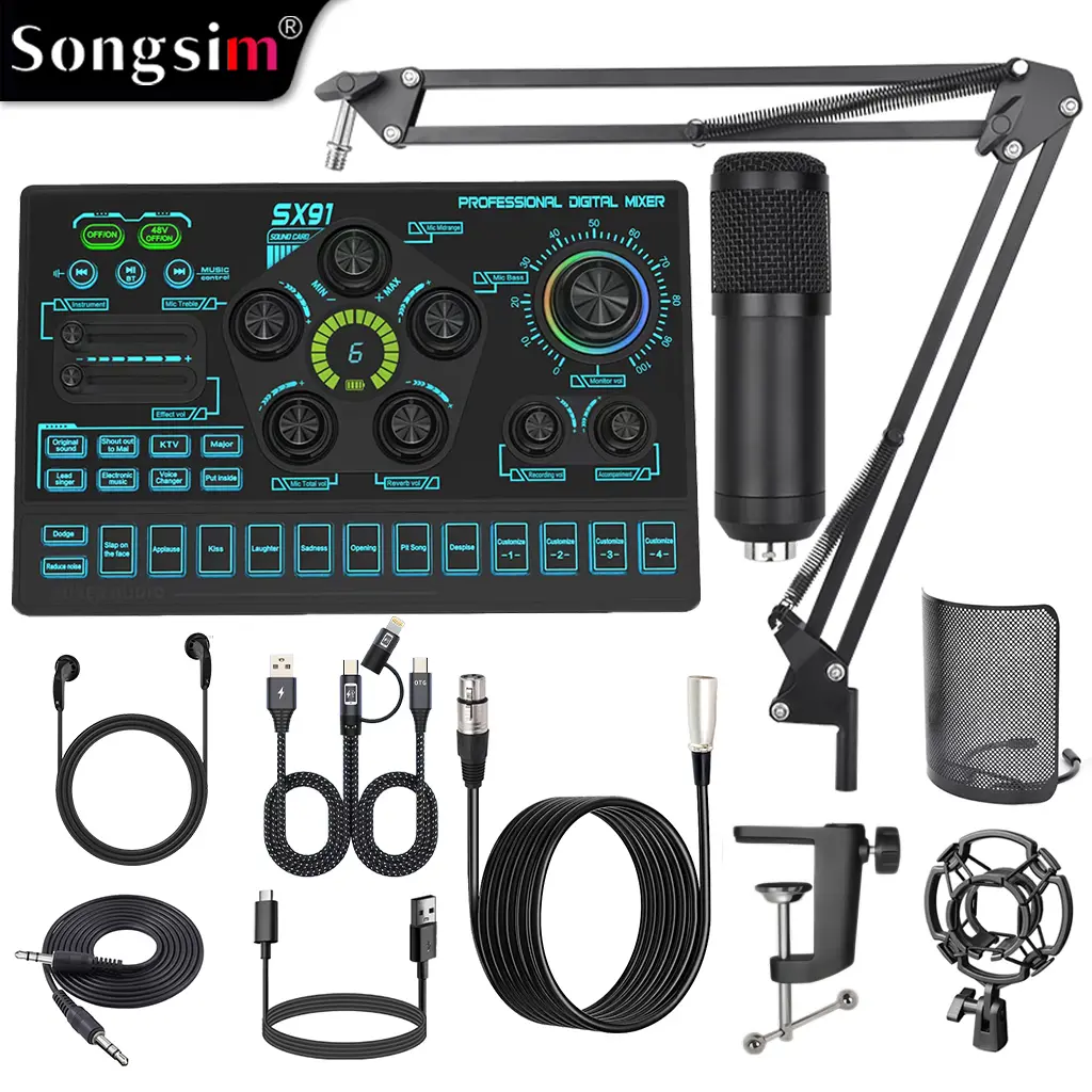 Songsim SX91 Podcast Equipment Bundle, Professional Audio Mixer Sound Card with 48V Phantom Power & Condenser Mic for TikTok Live Streaming, PC Gaming, Voice Recording Smartphone