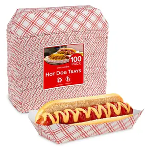 Stock Your Home Checkered Trays (100 Pack) - Retro Red & White Checked Food Boats for Hot Dogs - Grease Resistant & Recyclable Paperboard Trays