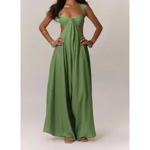 Bohemian pleated chest circumference four limb jumpsuit summer vacation Bohemian spring summer vacation beach wear elegant Ibiza white jumpsuit master fabric polyester green women's pullover knot pullover basic injury minimalismGift