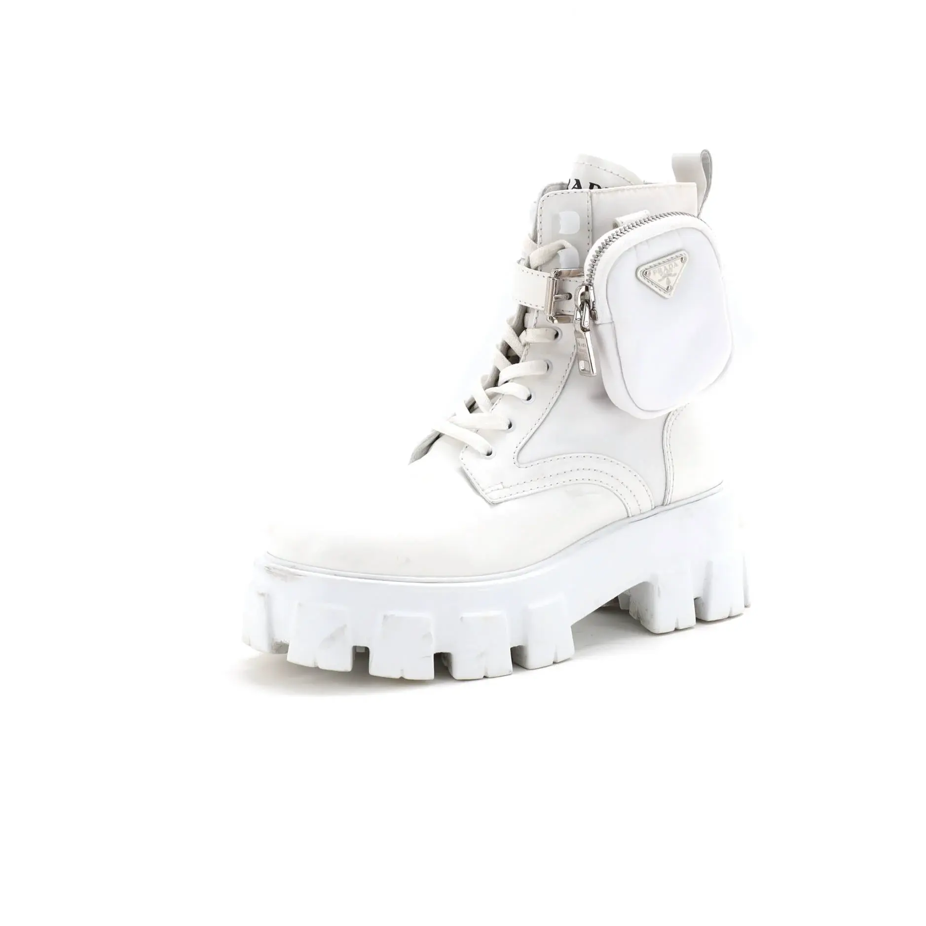 Pre-owned Prada Monolith Combat Boots Leather and Nylon by Rebag