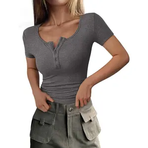 Womens 2026 Summer Short Sleeve Tops Ribbed Henley Button Slim Fit Basic Casual T Shirts Blouse Fashion ClothingGift
