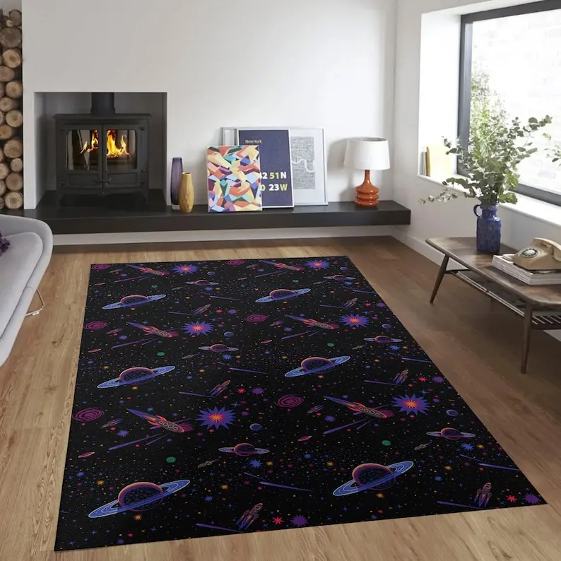 Arcade Rocketship Bowling Alley Carpet, 80s Style Video Game Area Rug, 80s Arcade Rug, Arcade Carpet