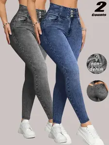 Women's High Waisted Stretch Denim Look Bottoms, Slim Fit Long Pants, Casual Sporty High Waist Butt Lifting Breathable Inner Layer Outerwear, Womenswear