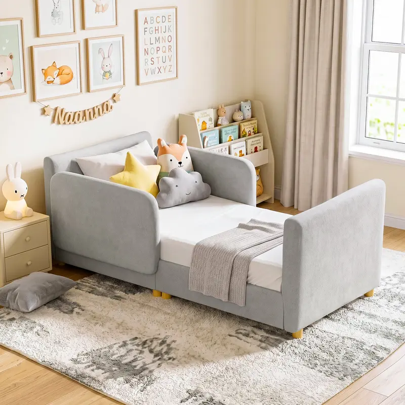 ABORON Velvet Wood Single Toddler Floor Bed Frame - Standard Crib Size, Removable Guard Rails, Detachable Legs, Soft Foam Padding, Thick Sponge Padding, Round Edges, Certified Cute Fabric, Safe Sleep Bed, Modern Children's Furniture
