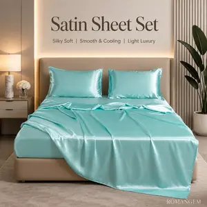 ROMANGEM 4 Piece Aqua Blue Satin Sheet Set, Silky Soft Microfiber Bedding, Deep Pocket Fitted Sheet, Flat Sheet & 2 Pillowcases, Luxury Hotel Style Bed Sheets Split King Cooling