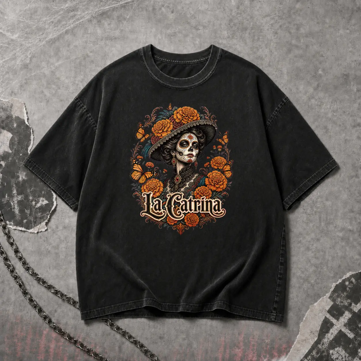 Day of the Dead La Catrina T Shirt Women, Y2K Gothic Sugar Skull Tee, Vintage Washed Black Oversized Shirt, Mexican Art Floral Streetwear Top, Dia De Los Muertos Graphic Tee, Dark Aesthetic Original Design