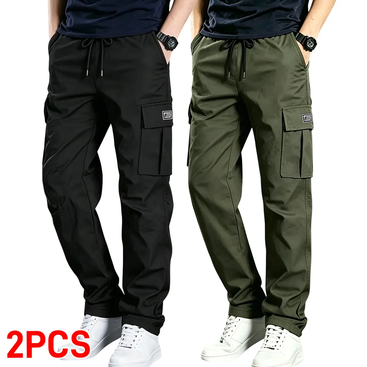 2-pack men’s cargo pants: lightweight casual work pants with multiple pockets, elastic waistband with drawstring, breathable hiking long pants