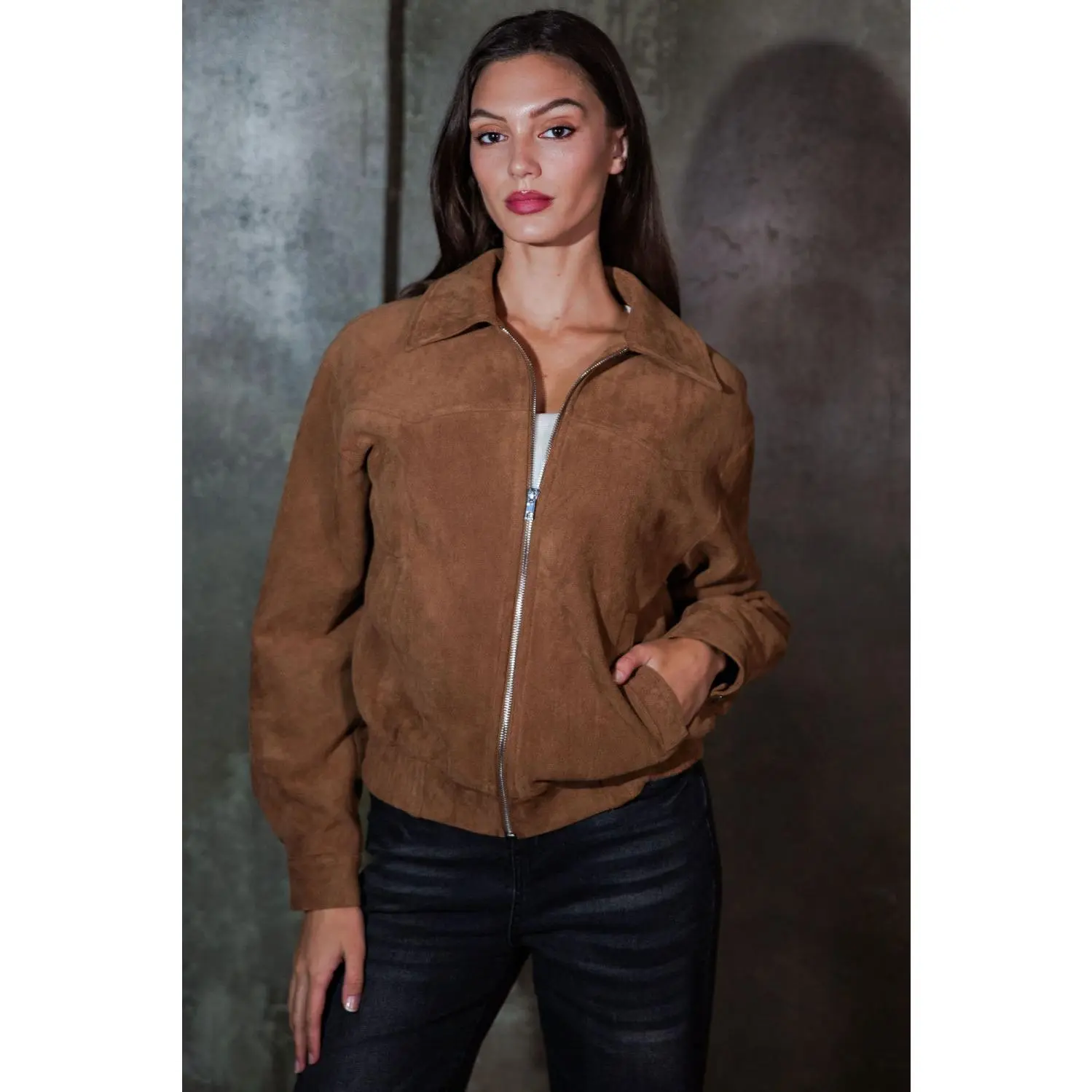 Women's Western Inspired Soft Suede Faux Leather Bomber Coat - 15% Cotton-Polyester Blend Fabric, Zipper Close, Knit, Lightweight, Relaxed Fit, Casual Outerwear, 2 Large Pockets, Everyday Wear, Versatile Dress Pairing