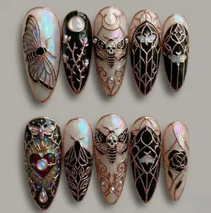 Gothic Moth Stained Glass Press On Nails, Rose Gold Filigree Celestial Nail Art