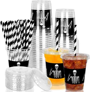 50Pcs Halloween Disposable Plastic Cups with Lids and Straws 12oz Funny Skeleton Cold Beverage Drinking Cups for Birthday Goth Party Supplies