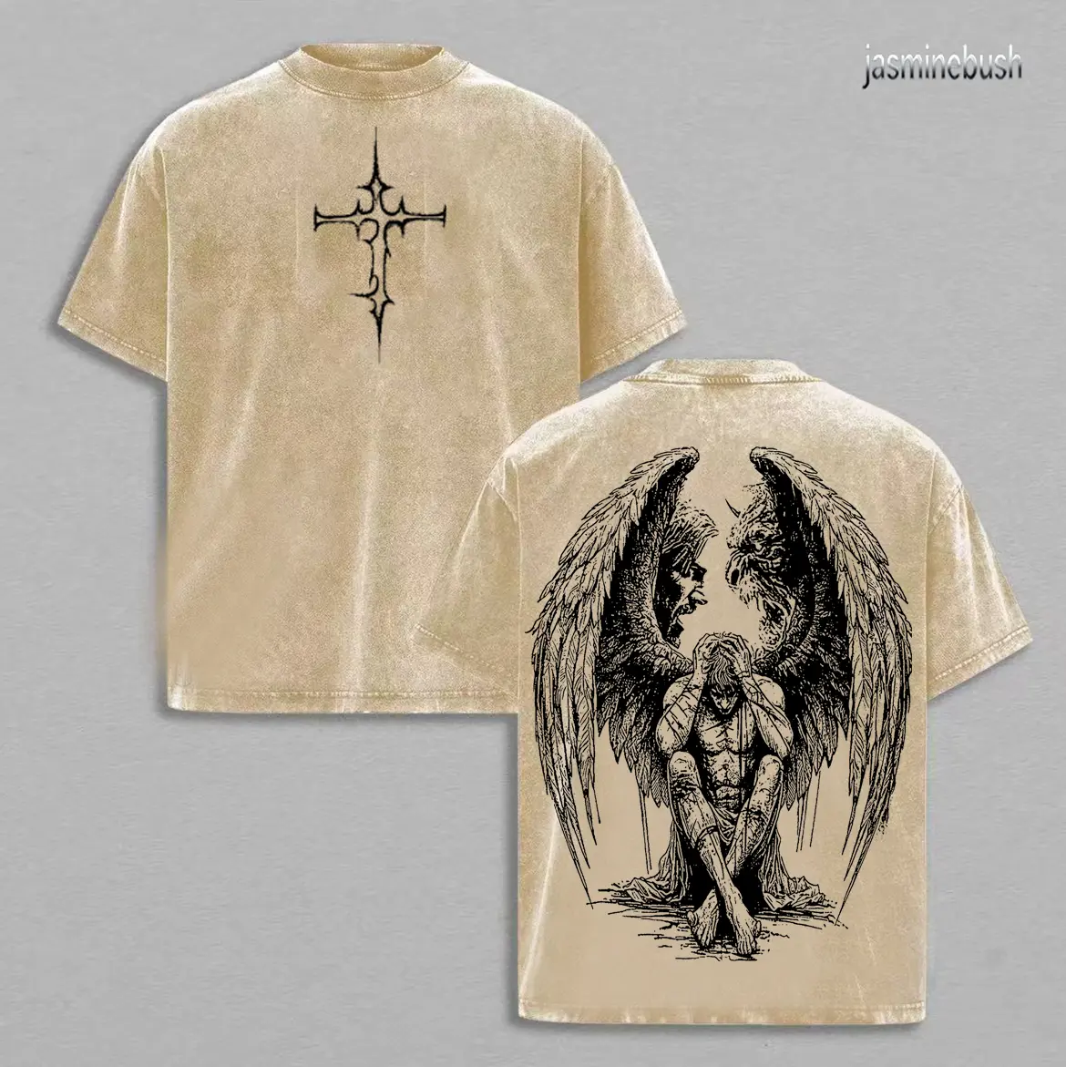 Tormented Angel T-Shirt Washed , Fallen Dark Angel Oversized Tee