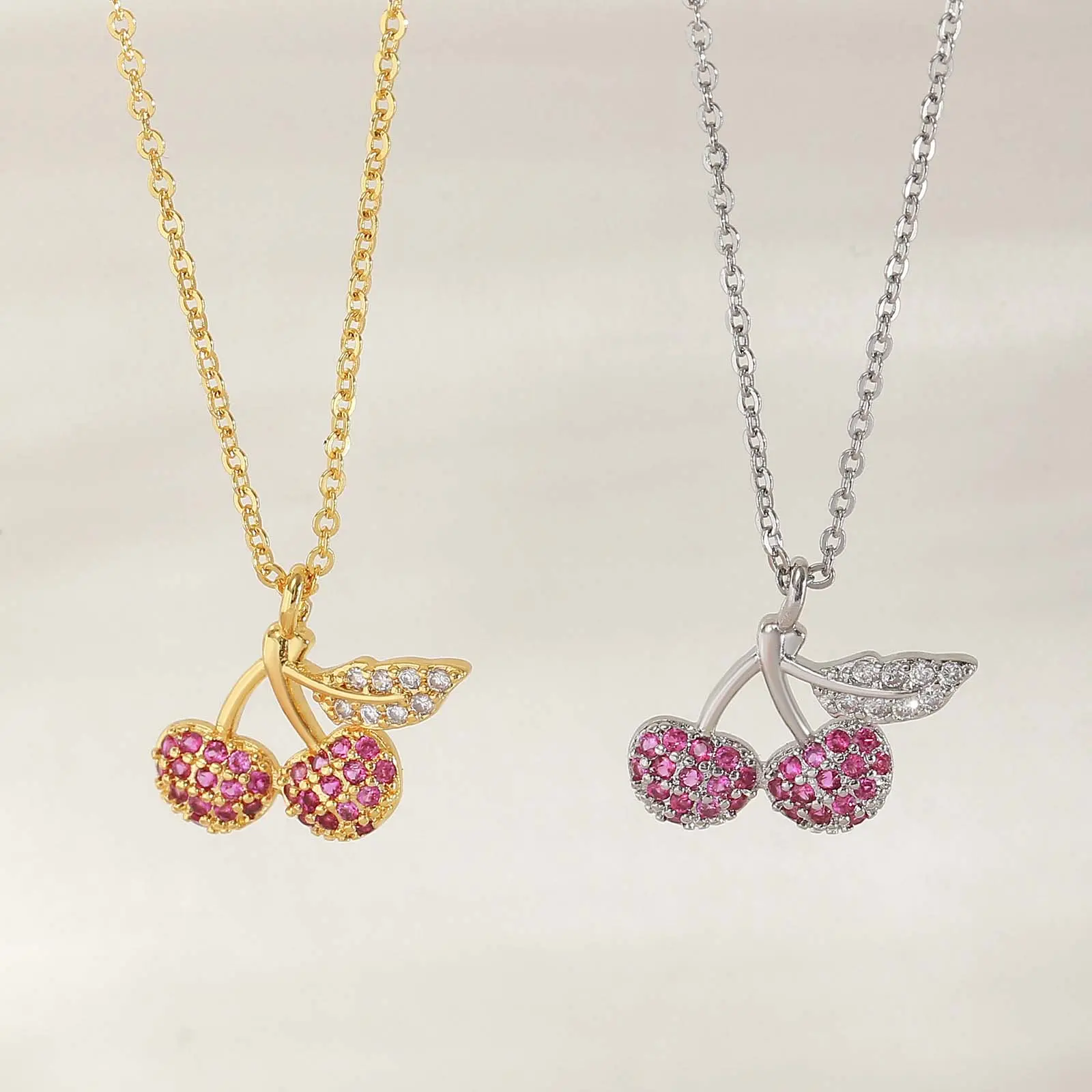 Zircon Necklace Golden/Silver Cherry Pendant Necklace Women's Daily Wear Mother's Day Gift