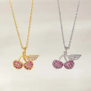 Zircon Necklace Golden/Silver Cherry Pendant Necklace Women's Daily Wear Mother's Day Gift