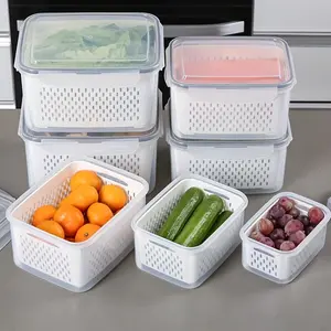 3-piece plastic food draining basket set (includes 3 white perforated draining baskets and 3 transparent storage boxes), reusable, suitable for refrigerator storage, kitchen organization, serving food, draining in the sink, washing fruits and vegetables