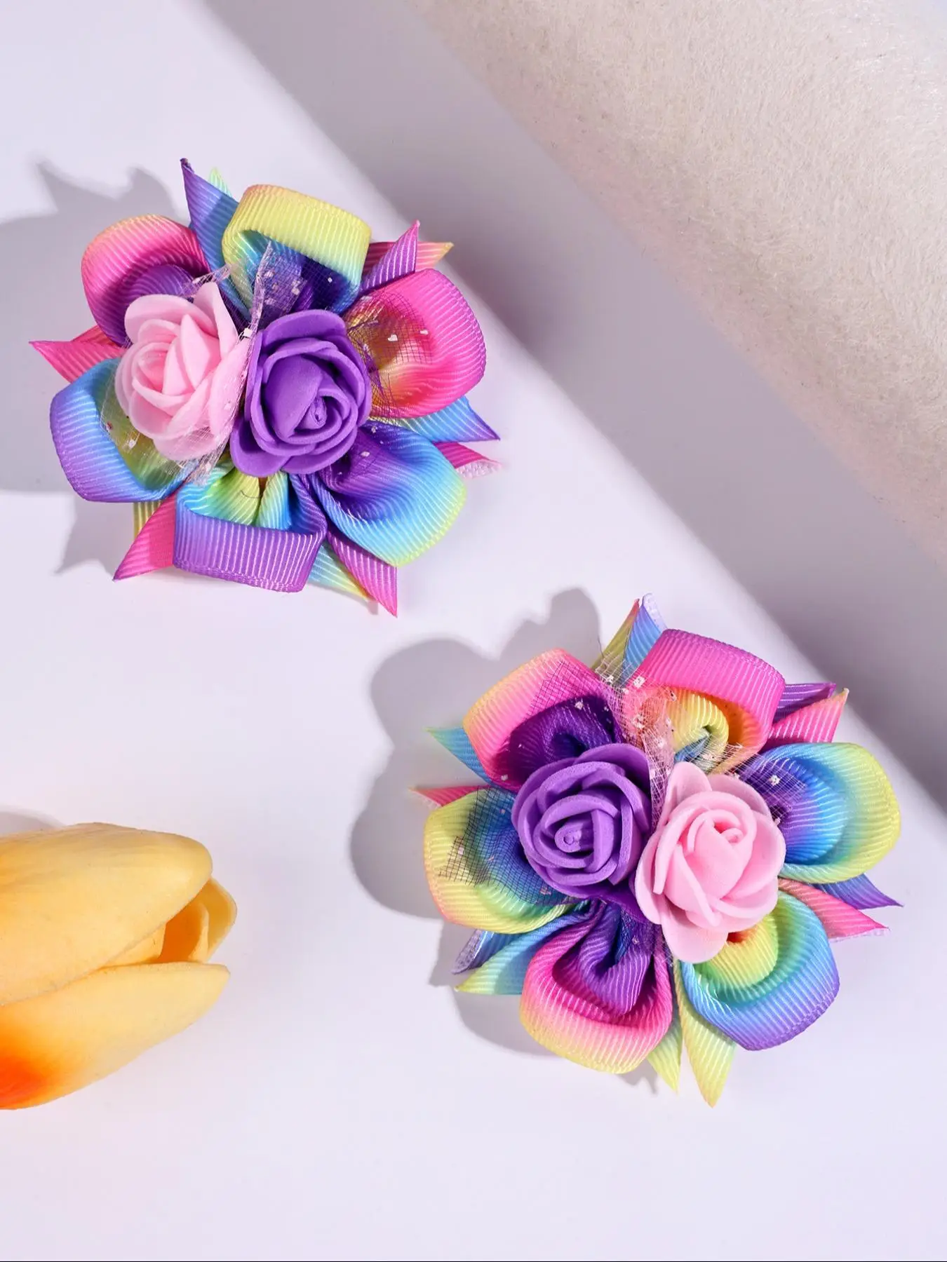Rainbow Gradient Flower Ribbon Hair Clip, Cute Hair Accessories for Girls, Fashion Hair Accessories for Party, Daily Clothing Decor, Synthetic Claw Cl
