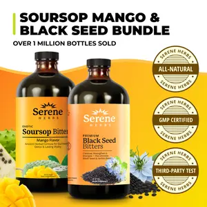 Serene Herbs Mango & Black Seed Bitters Bundle | Organic Herbal Detox for Digestive Health Gut Healthy Booster Immune Support & Energy | Non-GMO, Vegan (32 fl oz, 16 fl oz Each)