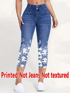 Women's Printed Slim Tight-Fitting Pants, Non-Denim Fabric, Seven-Inch Leggings, Faux Denim Print, All-Season Wear, Comfortable and Stylish, Womenswear