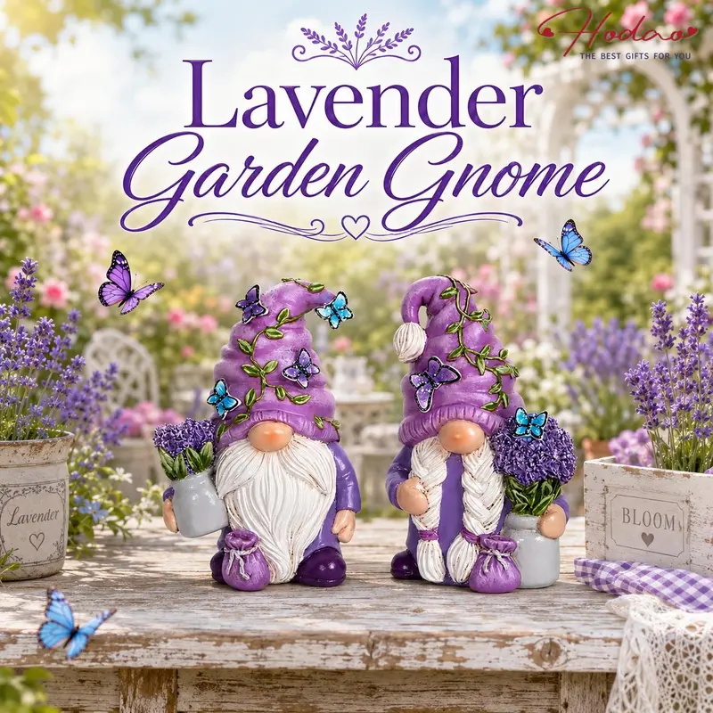 HODAO Hand-Painted Lavender Resin Gnome Statue with Butterfly Charm - 2.6x5.9x4.3 inches, 10.4oz, 2.6" compact fit, 4.3" tall presence, outdoor lawn statue, balcony decor, 4th of July porch accessory, artistic figurine for warmth
