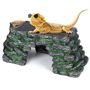 3 in 1 Large Bearded Dragon Basking Platform 13.4x7.1x5.3 in Scape Step Ledge Cave Hideout Natural Rock Reptile Food Bowl Reptile Tank Accessories for Lizard, Geckos, Ball Pythons, Tortoise