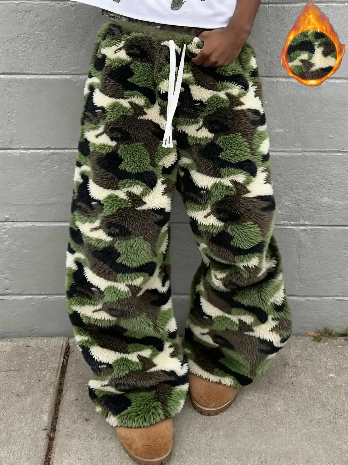 Unisex Leopard Camo Fleece Wide Leg Pants, Soft Rabbit Fur Fabric, Fall & Winter Warm Comfort, Street Hip Hop Style, Daily Wear, Camouflage, Casual Streetwear Trousers, Casual Fashion Trousers