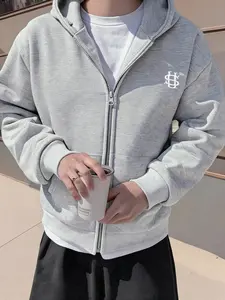 Vintage Y2K Streetwear Hip-Hop Zip Design Loose Plain Sportswear Casual Sweatshirt with Embroidered Hat, Long Sleeve Fitted Pullover