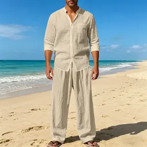 Men's Linen Two-Piece Set: Loose-Fit Breathable Stand-Collar Shirt & Trousers Casual Commuter Style Sand-Washed Cotton-Linen Crinkle Fabric - Clothes