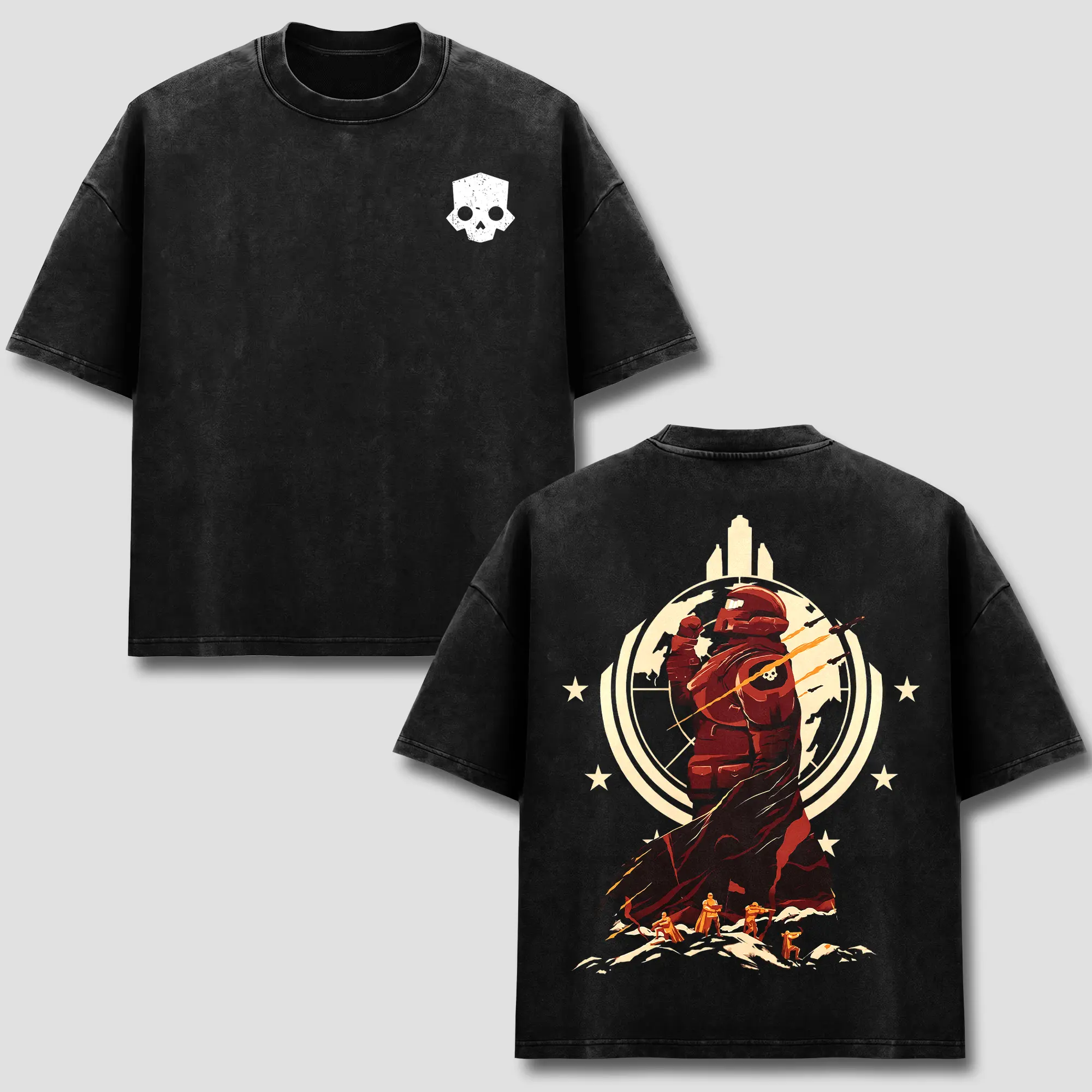 Helldivers 2 Game T-Shirt, Super Earth Liberty Graphic Tee, Retro Skull Emblem Front Chest Back Print, Vintage Black Wash Heavyweight Cotton, Oversized Drop Shoulder Streetwear, Co-Op Sci-Fi Gaming Fan Apparel