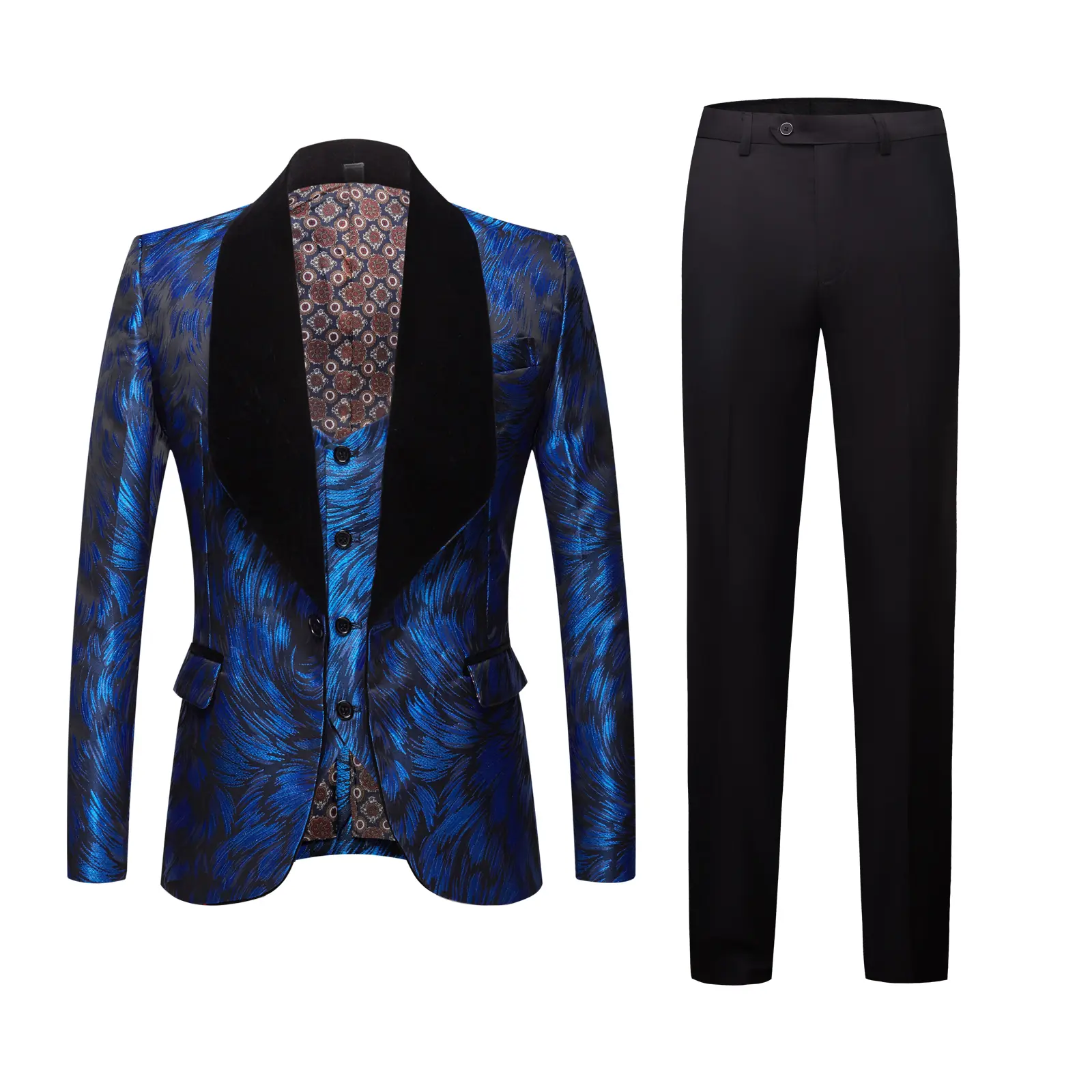 Men's Blue Floral Print Jacquard 3-Piece Slim Fit Tuxedo Suit - Velvet Lapel Jacket, Vest, Matching Pants, Long Sleeve Turtleneck for Wedding & Prom Formal Menswear, Metallic