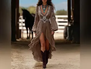 Women's Patchwork V-Neck Dress With Puff Sleeves & Asymmetric Hem, Western Style Flowy Boho Long Dress For Spring Fall