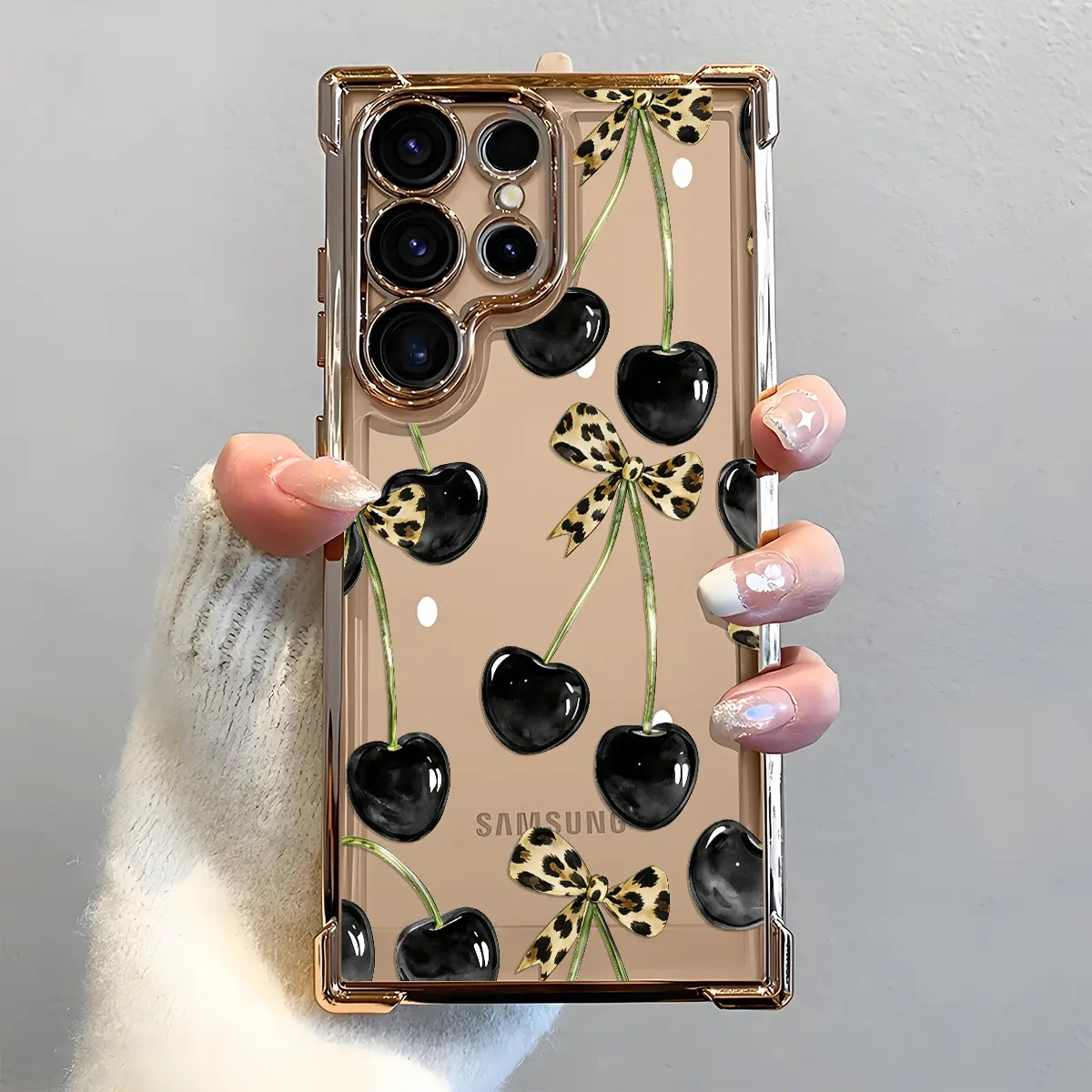 Black Cherry Leopard Print Bow Pattern Smartphone Casing, Electroplated Handheld Device Cover with Airbag Shockproof Slim Soft TPU Protection for Samsung S26 S25 S24 S23 S22 Ultra S25Edge S24FE Plus S25+, Devices