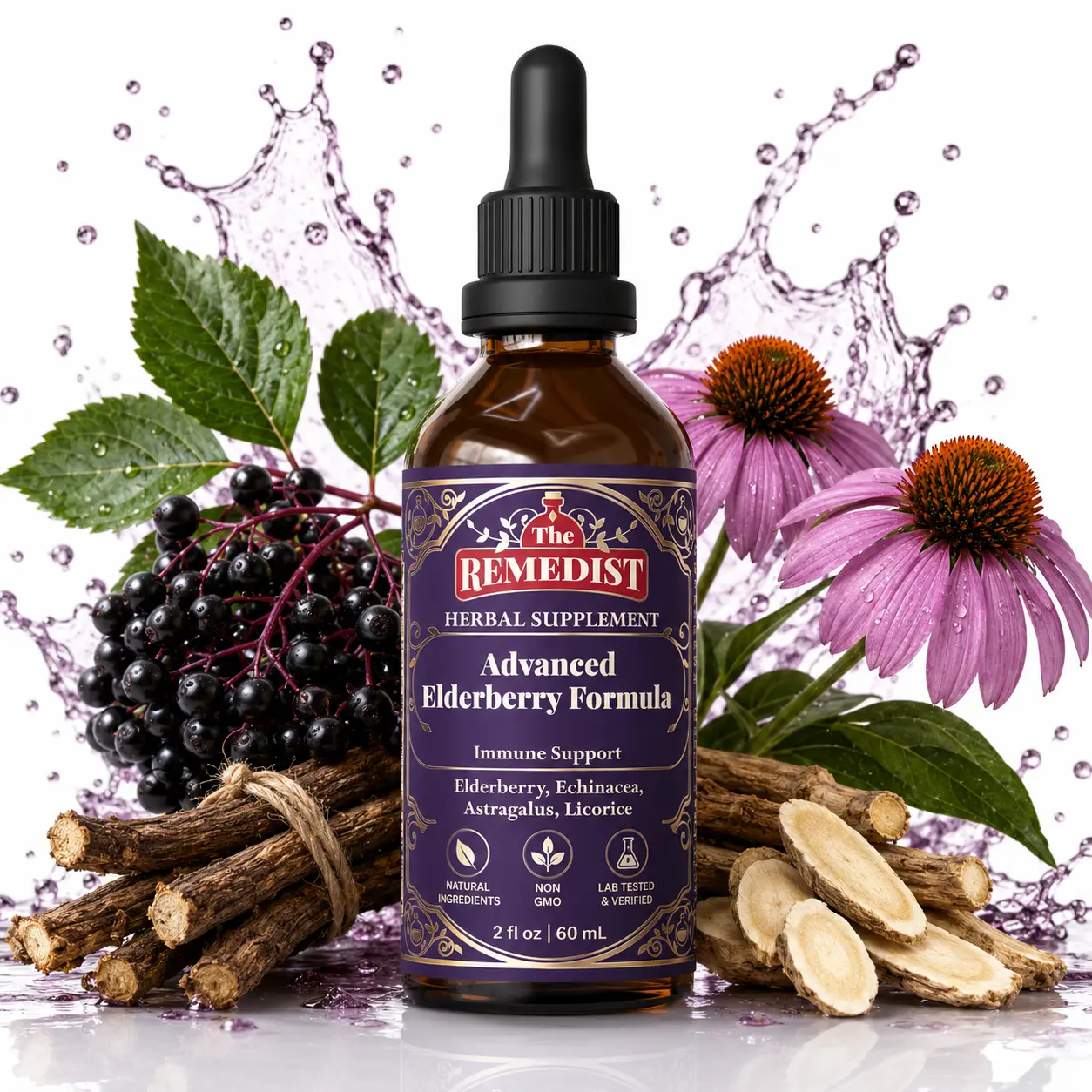 Advanced Immune Elderberry Formula | Elderberry, Echinacea, Astragalus, Licorice & Lemon Balm | USDA Organic, Non-GMO, 100% Natural Herbal Elixir, 2 Oz
