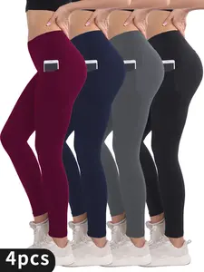 4pcs High-Waisted Yoga Leggings,Comfortable Fitness Running Compression Tights with Pockets for Curvy Figures,Four-Way Stretch, and Squat-Proof Design