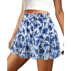 Mini Skirts for Women 2025 Casual Boho Floral Skorts Layered Hem A-Line Tennis Chiffon Shorts