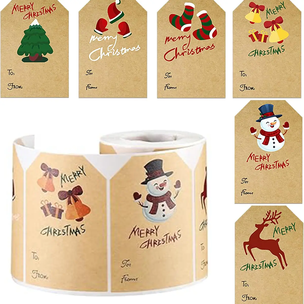 250-Piece Easy-to-Peel Write-On Self-Adhesive Personalized Christmas Gift Labels (3x2 in), Holiday Use Kraft Paper Car Interior Stickers with 6 Cute Christmas Designs for Gift Boxes, Envelopes, Bags