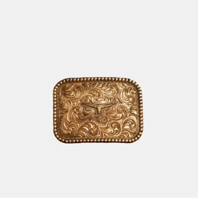 Gold Longhorn Belt Buckle | Jewelers Bronze Hand Engraved Base | Longhorn Steer Logo | Jewelers Bronze Beaded Edge