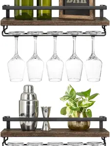 Wall-Mounted Wine Rack Set of 2 - Rustic Wood Floating Shelves with Stemware Hanger for Wine Bottle, Glasses, Plants, and Photos. Modern Wine Display and Storage Holder for Kitchen, Dining Room, or Bar, 17 Inch