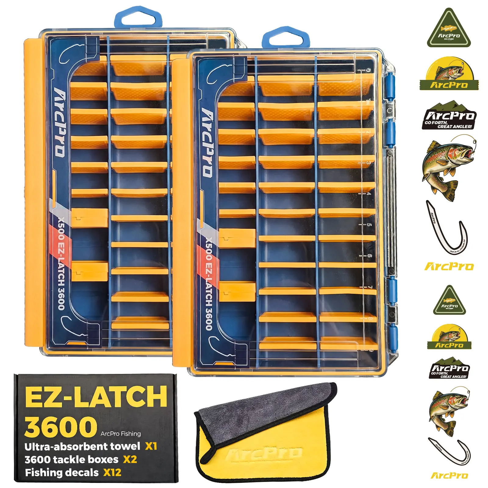 ArcPro 3600 Fishing Tackle Box 2PCS, Waterproof Modular Lure Organizer with Clear Lid, One-Hand Latch Storage Case for Saltwater Freshwater Fishing