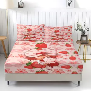 Strawberry Shortcake Themed Fitted Sheet,Colorfast,Including 1 Bed Sheet and 2 Pillowcases,The Non Slip Dust Cover is Suitable for Girls,Children,Teenagers and Adults Bedrooms and Guest Rooms,Suitable for Personal Use or as a Gift for Others