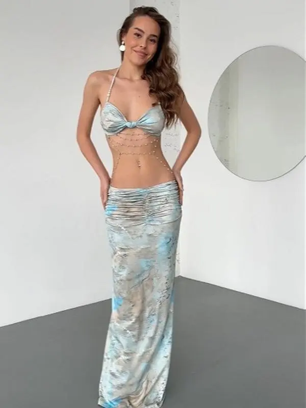 Women's 2-Piece Cute Fashion Clothes Set, Comfortable Chain-Embellished Halter Bralette & Fitted Maxi Skirt, Elegant Summer Womenswear Outfit, Elegance