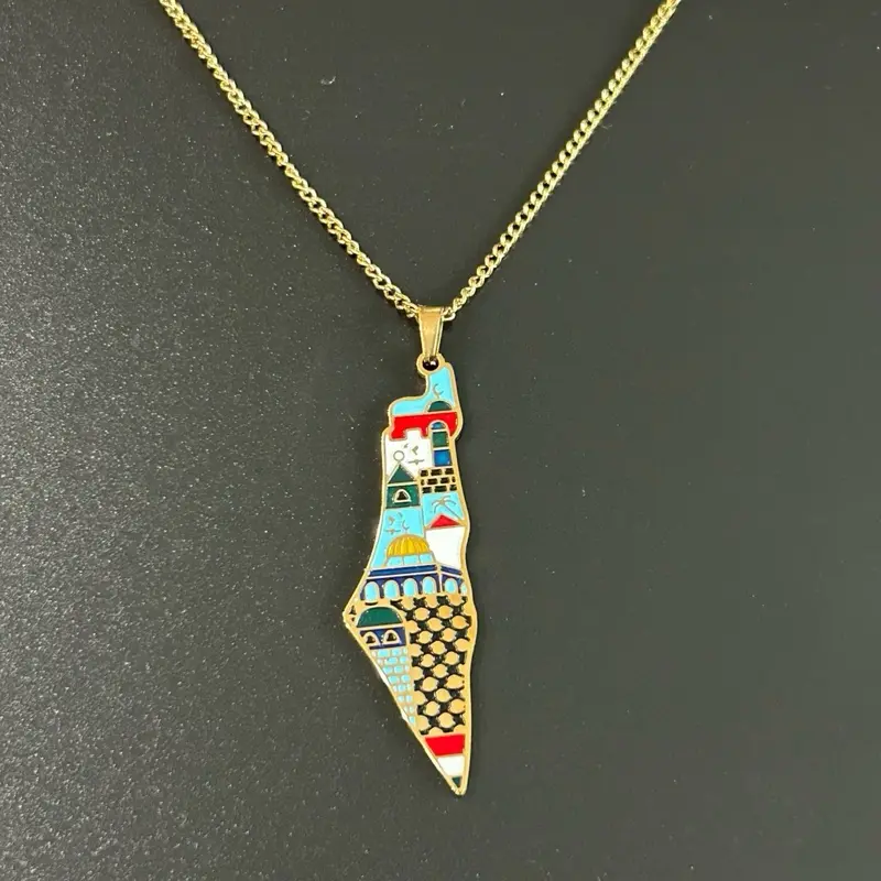 Colorful Palestine Map Necklace with Landmarks & Culture Pendant Gold-Plated Chain