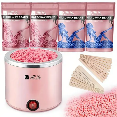 Portable Wax Heater Kit, Blue, Includes 4 Packs of Wax Beads & Applicators, Full-Body Home Hair Removal Set, Easy for Beginners, Unisex