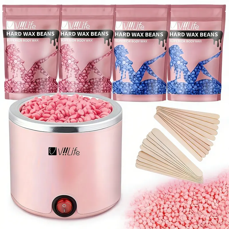 Portable Wax Heater Kit, Blue, Includes 4 Packs of Wax Beads & Applicators, Full-Body Home Hair Removal Set, Easy for Beginners, Unisex