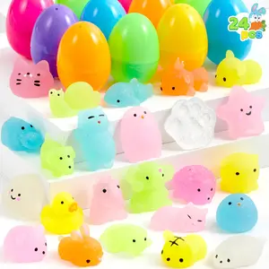 Easter 2026 Gift 24 Pcs Easter Prefilled Eggs with Mochi Squishy Toys, Cute Glitter Stress Reliever Squishy Toy for Easter Theme Egg Hunt, Kids Party Favor, Basket Stuffers Filler, Classroom Prize Supplies
