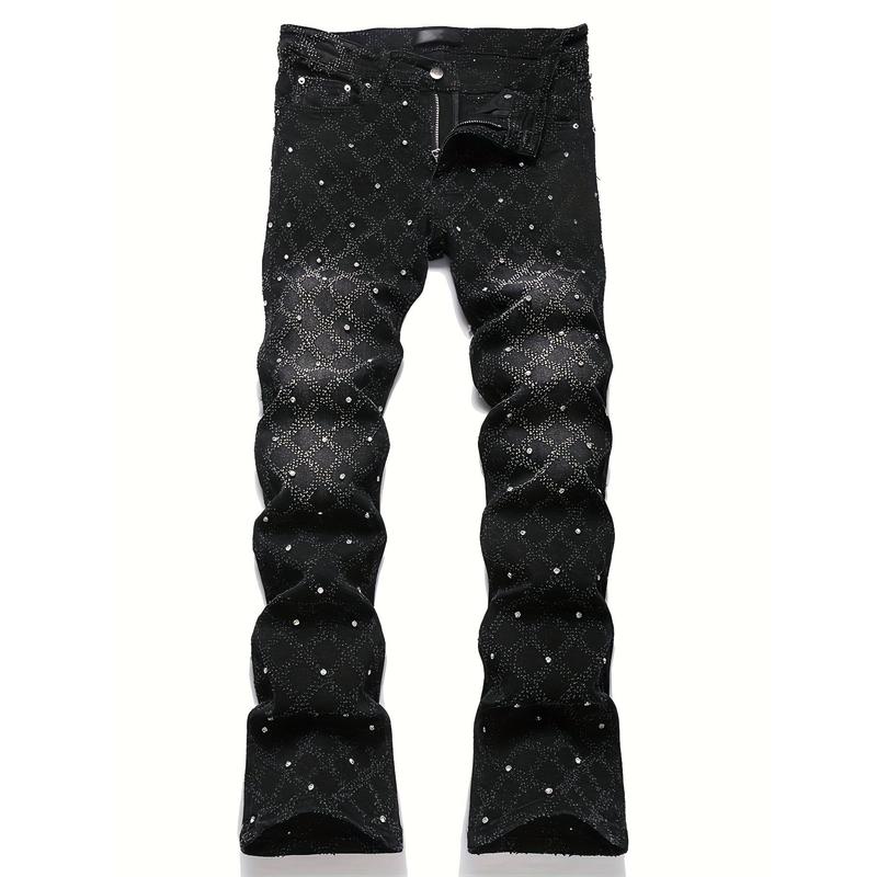 Y2K Men's Shiny Rhinestone Embellished Stretch Slim-Fit Jeans, Casual Street Style Hip-Hop Skateboarding Rap Pants, Machine Washable - All-Season Wear