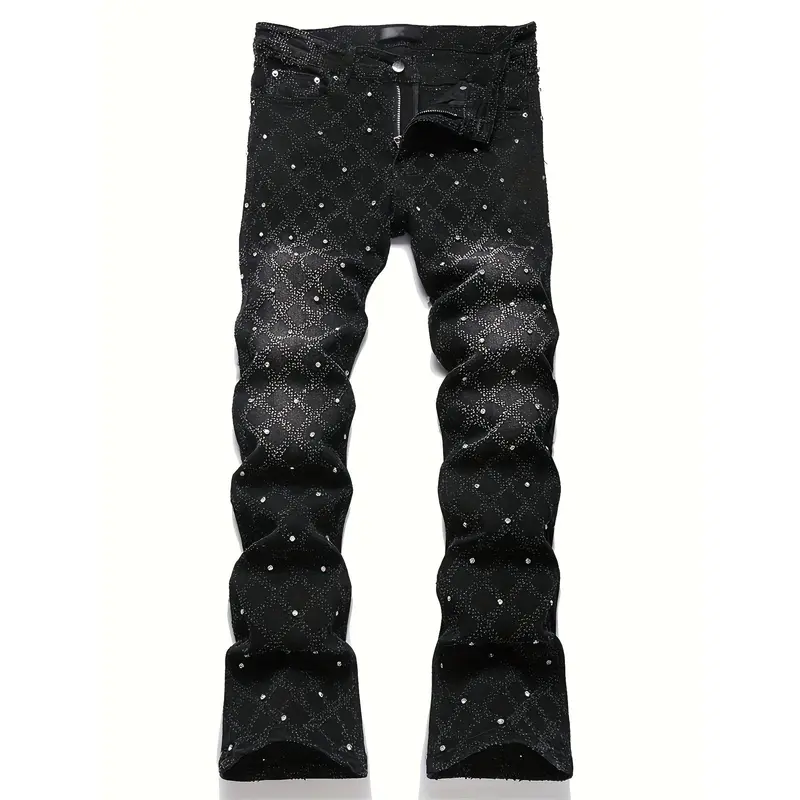 Y2K Men's Shiny Rhinestone Embellished Stretch Slim-Fit Jeans, Casual Street Style Hip-Hop Skateboarding Rap Pants, Machine Washable - All-Season Wear